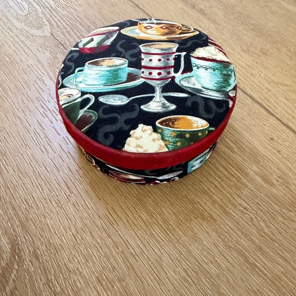 Handmade Fabric Coffee Tea Cup Trinket Box Round Red Velvet Trim Keepsake Case